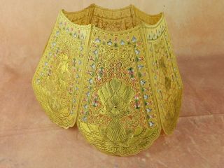 Antique Asian Chinese Indian Leather Lamp Shade Gold Gilt Peacock Koi Cut Outs photo