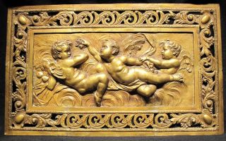 Antique Bronze Bas Relief Large Plaque Winged Cherubs Signed Napoli photo