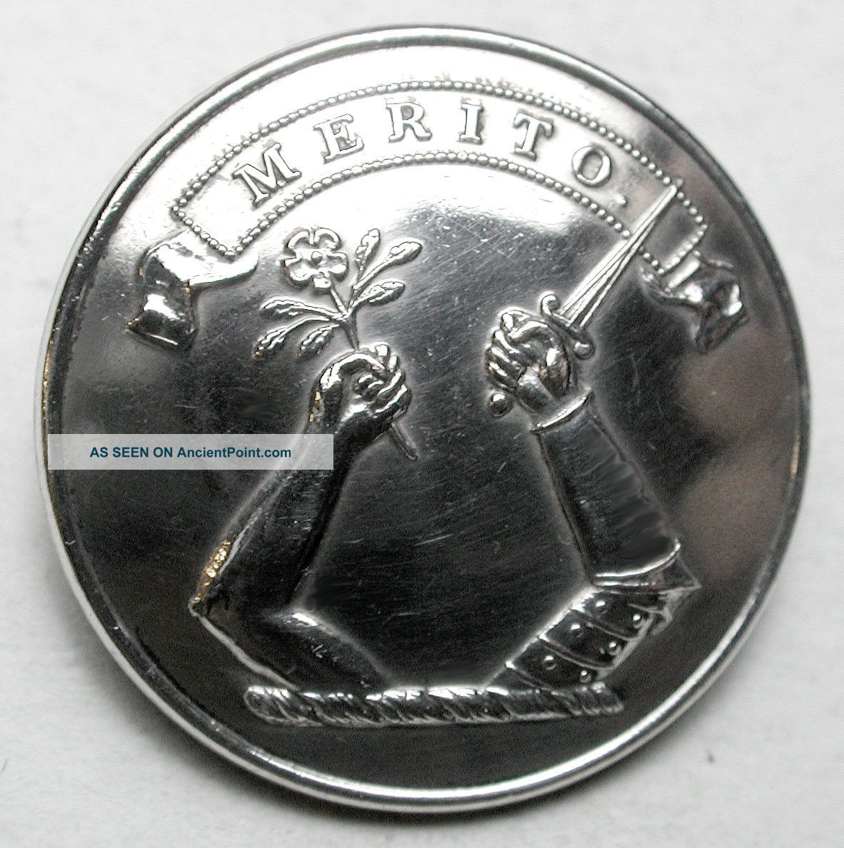 Antique Livery Button Silver Plate Hands Holding Flower & Sword - Doughty & Co. Buttons photo