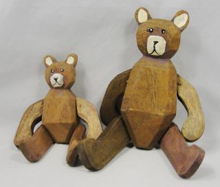 Pair 2 Vintage Primitive Teddy Bear Hand Made Carved Painted Wood photo