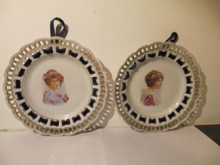 Pair Edwardian Porcelain Portrait Lady Ribbon Plates photo