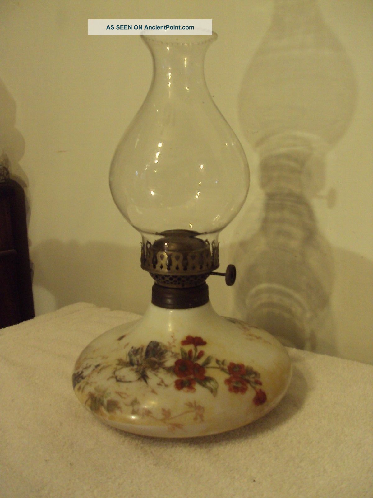 Rare Antique Hand Painted Glass Oil Lamp Font & Chimney W/ Solar Brass Burner Lamps photo