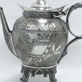 1880 Victorian Eastlake Japanese Meriden B.  Company Satin Chased Legged Tea Pot photo