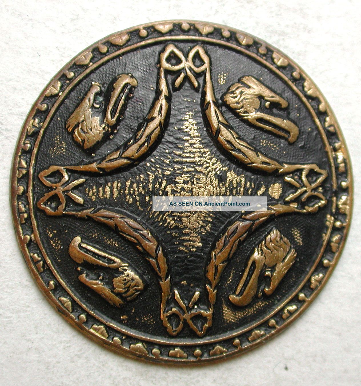 Antique Stamped Brass Button 4 Eagle Heads W/ Bows & Garland In Center Buttons photo