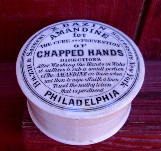Antique,  Ceramic,  American Pharmacy Jar.  Bazin & Sargent Philadelphia Pot Lid photo