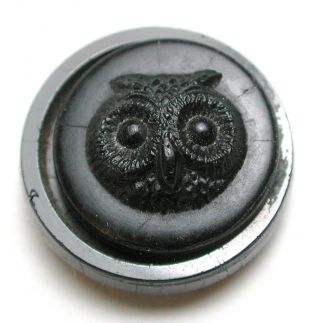 Antique Black Glass Button W/ Black Glass Owl Face Escutcheon photo
