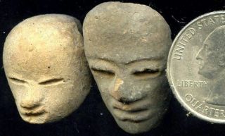Pre - Columbian 2 Aztec Zolapan Clay Figure Head,  Ca;800 - 1400ad photo