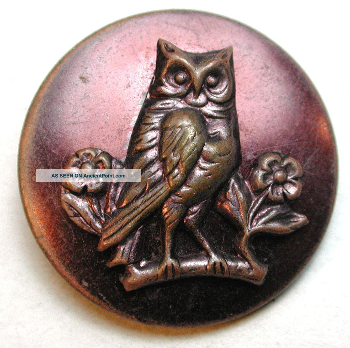 Antique Brass Button Detailed Tinted Perched Owl W/ Flowers - 1 & 3/16 Inch Buttons photo