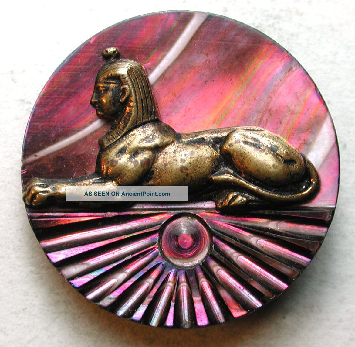 Antique Carved Iridescent Shell Button W/ Brass Sphinx Escutcheon 1 Inch Buttons photo