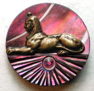 Antique Carved Iridescent Shell Button W/ Brass Sphinx Escutcheon 1 Inch photo