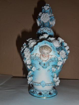 Antique Porcelain Potpourri Vase Applied Flowers,  Putti Face - Crossed Swords photo