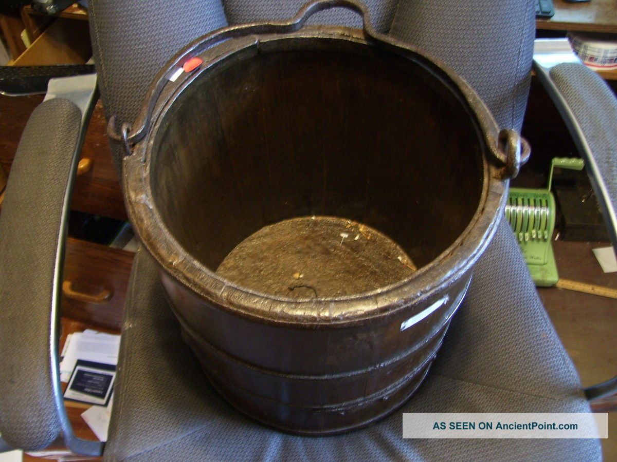 1800s Antique Wooden Bucket,  Cast Iron Handle And Rings,  Hand Made Primitives photo