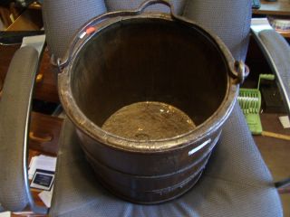 1800s Antique Wooden Bucket,  Cast Iron Handle And Rings,  Hand Made photo