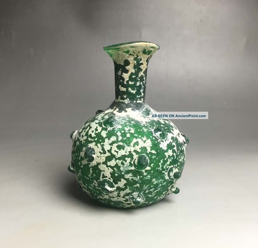 Rare Roman Green Glass Bottle With Embossment Design Roman photo