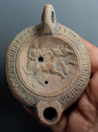 Stunning Terracotta Oil Lamp,  Baal,  Griffins Biga,  Roman Imperial,  Ca.  80 - 120 Ad photo