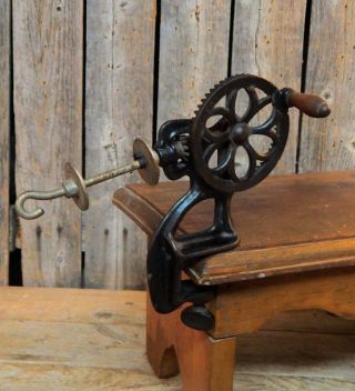 Early Antique Primitive Cast Iron Crank Thread Bobbin Spool Winder Sewing Tool photo