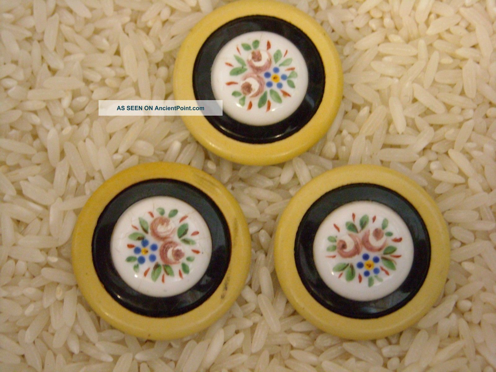 3 Antique Celluloid Buttons Porcelain Centers W/ Hand - Painted Flowers Buttons photo