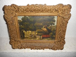 Old Oil Painting,  { Woman Near Her Cottage In The Woods,  Frame} Is Antique photo
