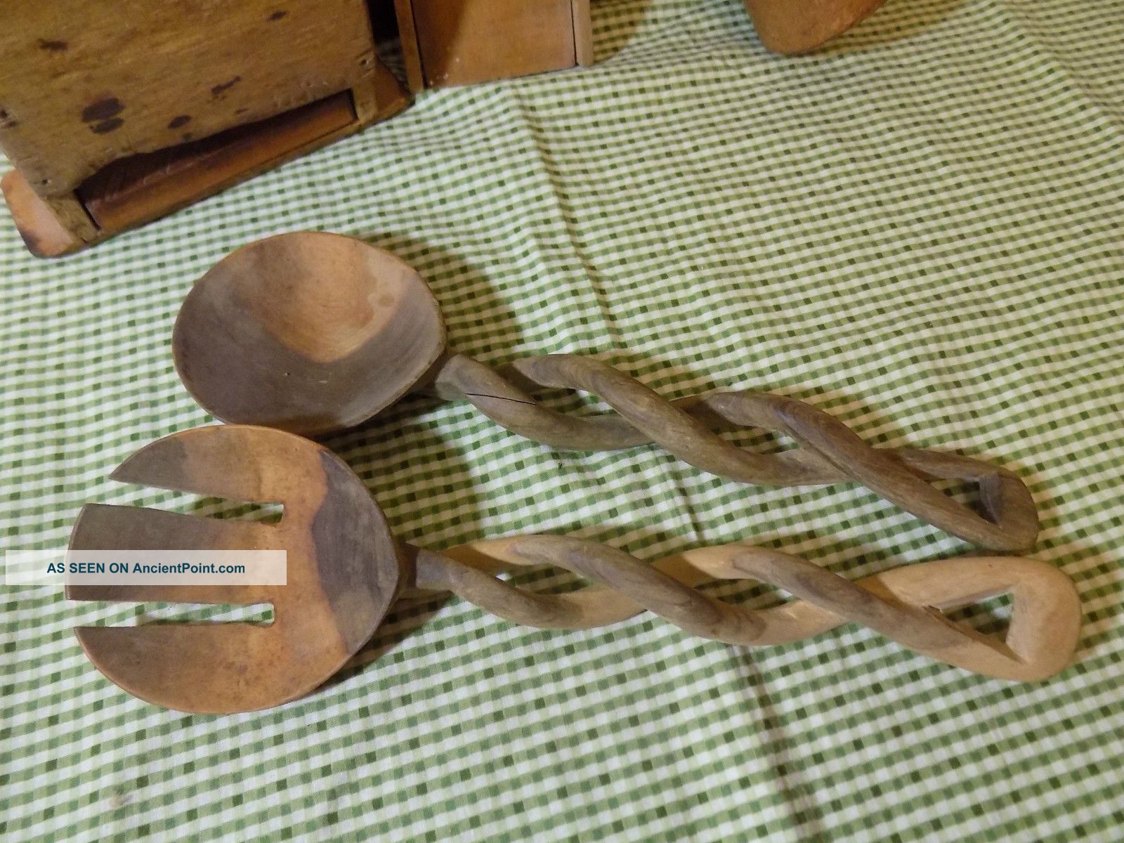 Primitive Wooden Spoons Salad Tongs Hand Carved Braid Spiral Handle Vintage