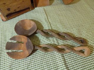 Primitive Wooden Spoons Salad Tongs Hand Carved Braid Spiral Handle Vintage photo
