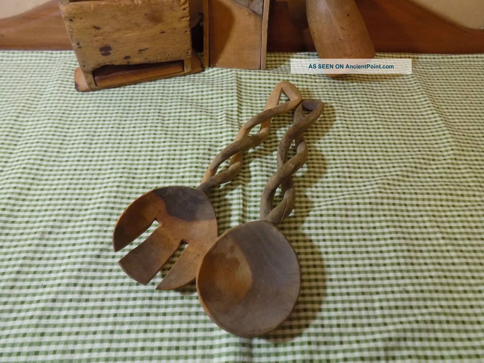 Primitive Wooden Spoons Salad Tongs Hand Carved Braid Spiral Handle Vintage