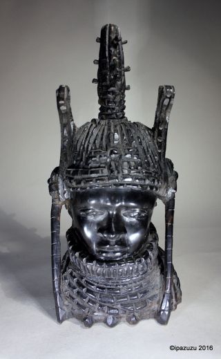 African Nigerian Tribal Art Benin Ebony Wood Carved Oba Statue photo