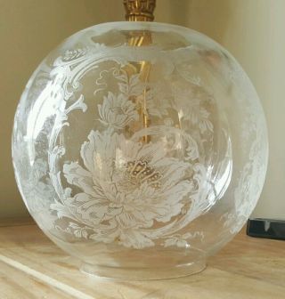 Victorian Acid Etched Oil Lamp Globe Shade Floral Flowers Ribbed Duplex 4 Inch photo