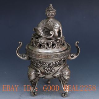 Silver Copper Carved Elephant Incense Burner& Lid W Ming Dynasty Xuan De Mark photo