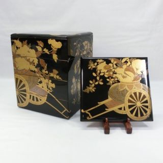 B345: Real Old Japanese Lacquer Ware Tiered Food Boxes Jubako With Great Makie. photo