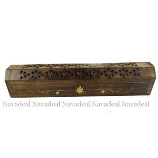 Lotus Handmade Carved Wood Wooden Coffin Box Incense Sticks Cone Burner Holder photo