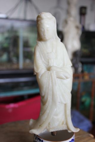 Antique Chinese Hand Carved Natural White Soap Stone Kwan - Yin Statue photo