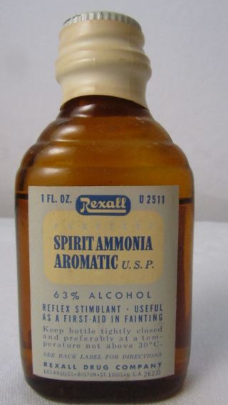 Old Rexall Spirit Ammonia Aromatic Amber Glass Faint Medicine Bottle Paper Label photo