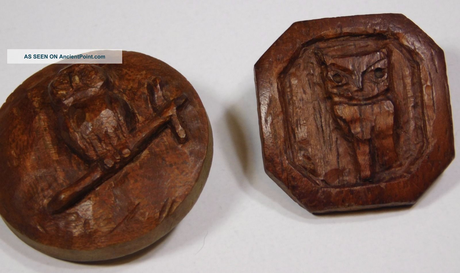 Vtg 2 Folk Art Carved Wood Horn Owl Button 1 1/4 Buttons photo