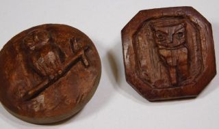 Vtg 2 Folk Art Carved Wood Horn Owl Button 1 1/4 photo