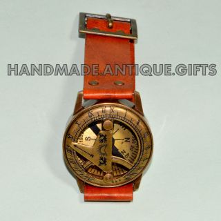 Vintage Antique Finish Wrist Watch Type Brass Sundial Compass With Black Strip photo
