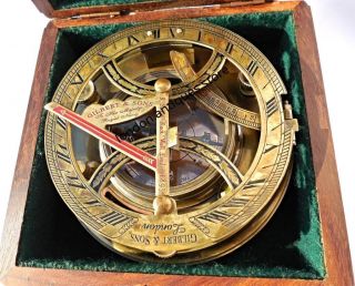 5 Inch Perfectly Calibrated Large Brass Sundial Compass Rosewood Box Top Grade. photo
