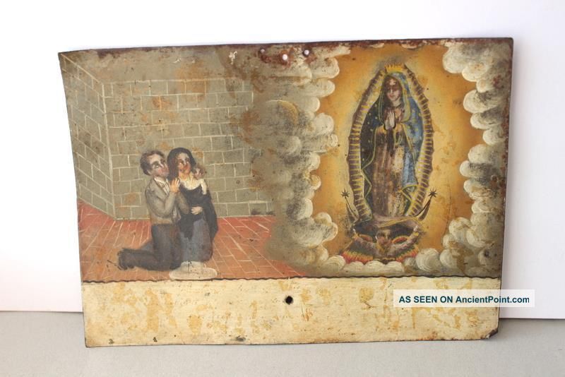Antique Mexican Couple Thanking Lady Of Guadalupe Folk Art Painted Tin Retablo Latin American photo