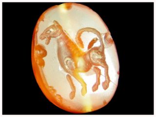 2 Side Ancient Carnelian Intaglio Knight Mythical Horse God Signet Bead photo