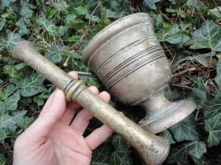 Antique Solid Bronze Mortar Pestle Brass For Hand Grind 19th - Century Authentic photo