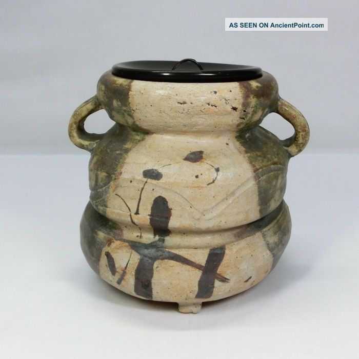 B421: Japanese Old Oribe Ware Cold Water Container Mizusashi W/good Shape. Vases photo