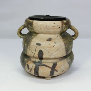 B421: Japanese Old Oribe Ware Cold Water Container Mizusashi W/good Shape. photo