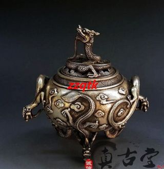Exquisite China Handmade Dragon Of Gold Copper Incense Burner photo