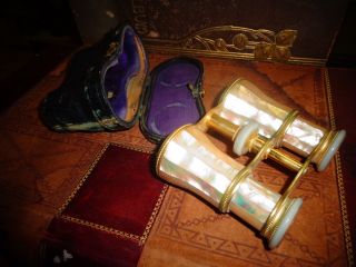 Antique French Lemaire Paris Binoculars Opera Glasses Mother Of Pearl & Gilt photo