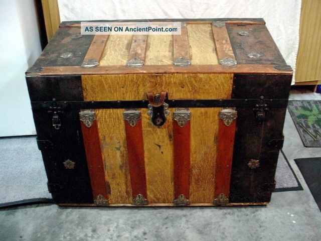 Antique 1800 ' S Flat Top Steamer Immigrant Trunk,  Covered Tray & Key All 1800-1899 photo