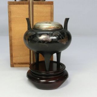 B553 Great Japanese Old Copper Ware Incense Burner W/silver Lid And Silver Inlay photo