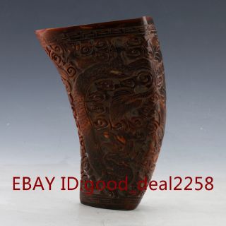 Chinese Old Antique Ox - Horn Hand - Carved Dragon Cup photo
