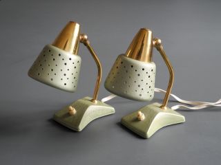 Two Rare Mid Century Brass Table Bedside Lamps With Green Metallic Crinkle Paint photo