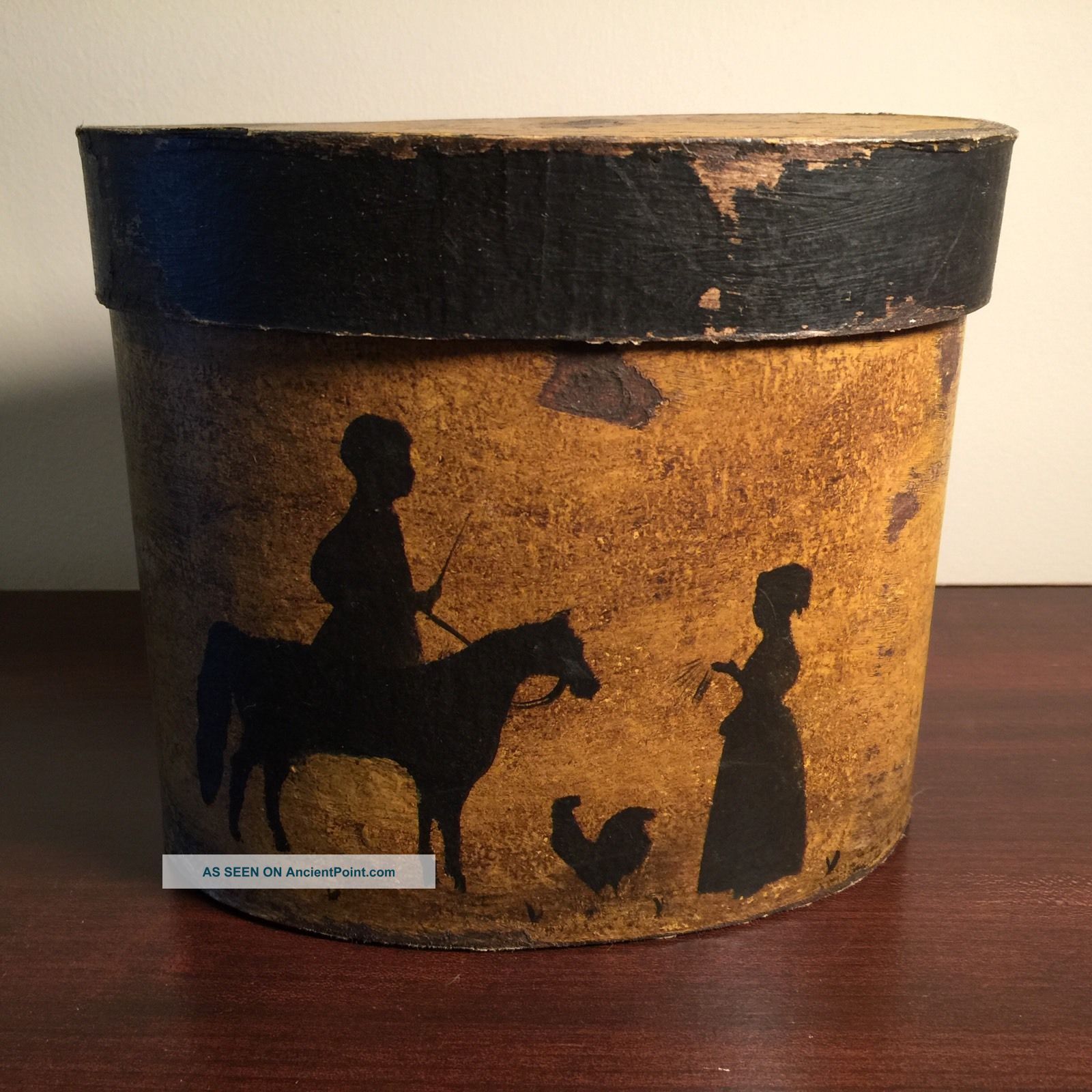 Handcrafted Primitive Grungy Painted Mustard Band Box Silhouette Horse Chicken Primitives photo