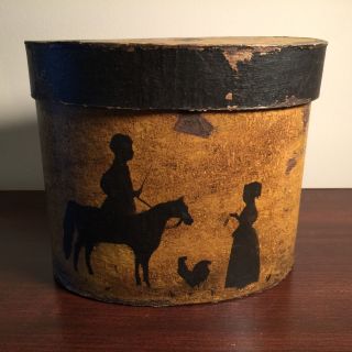 Handcrafted Primitive Grungy Painted Mustard Band Box Silhouette Horse Chicken photo