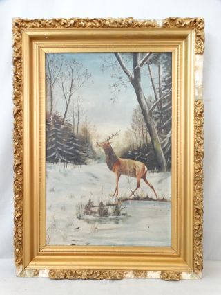 Antique Victorian Snow Winter Woods Old Hunt Scene Folk Art Stag Deer Painting photo